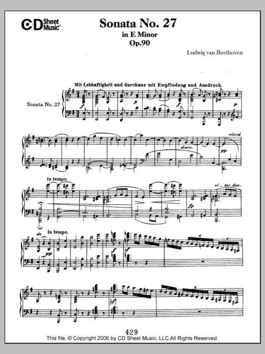 Learn to play Ludwig van Beethoven Sonata No. 27 In E Minor, Op. 90 sheet music for Piano Solo in minutes. Price: 6.9900$ Ludwig van Beethoven Sonata No. 27 In E Minor, Op. 90 sheet music notes and chords arranged for Piano Solo