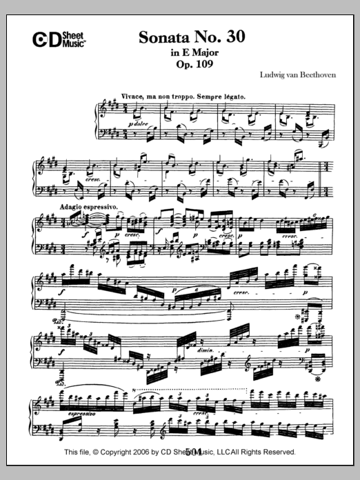 Learn to play Ludwig van Beethoven Sonata No. 30 In E Major, Op. 109 sheet music for Piano Solo in minutes. Price: 6.9900$ Ludwig van Beethoven Sonata No. 30 In E Major, Op. 109 sheet music notes and chords arranged for Piano Solo