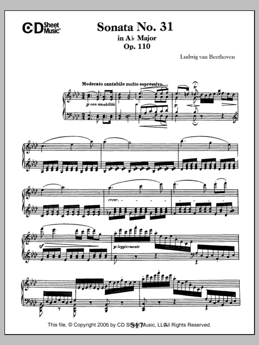 Learn to play Ludwig van Beethoven Sonata No. 31 In A-flat Major, Op. 110 sheet music for Piano Solo in minutes. Price: 6.9900$ Ludwig van Beethoven Sonata No. 31 In A-flat Major, Op. 110 sheet music notes and chords arranged for Piano Solo