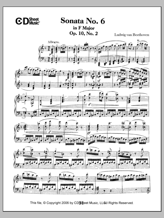 Learn to play Ludwig van Beethoven Sonata No. 6 In F Major, Op. 10, No. 2 sheet music for Piano Solo in minutes. Price: 6.9900$ Ludwig van Beethoven Sonata No. 6 In F Major, Op. 10, No. 2 sheet music notes and chords arranged for Piano Solo