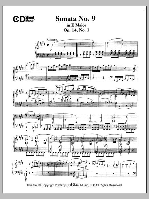 Learn to play Ludwig van Beethoven Sonata No. 9 In E Major, Op. 14, No. 1 sheet music for Piano Solo in minutes. Price: 6.9900$ Ludwig van Beethoven Sonata No. 9 In E Major, Op. 14, No. 1 sheet music notes and chords arranged for Piano Solo