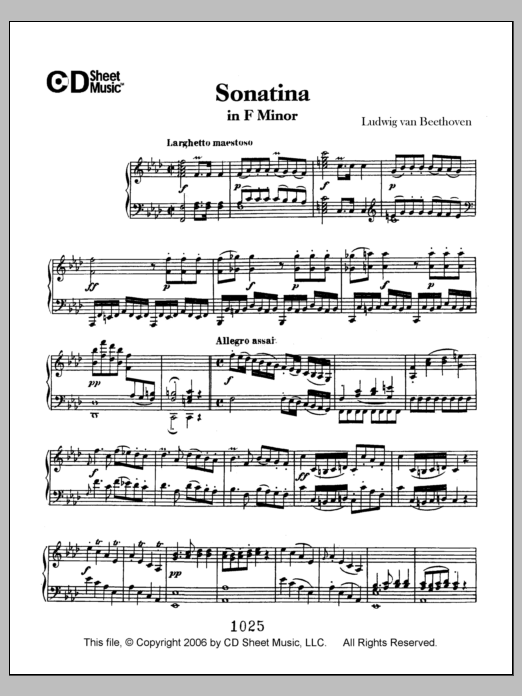 Learn to play Ludwig van Beethoven Sonatina in F Minor sheet music for Piano Solo in minutes. Price: 6.9900$ Ludwig van Beethoven Sonatina in F Minor sheet music notes and chords arranged for Piano Solo