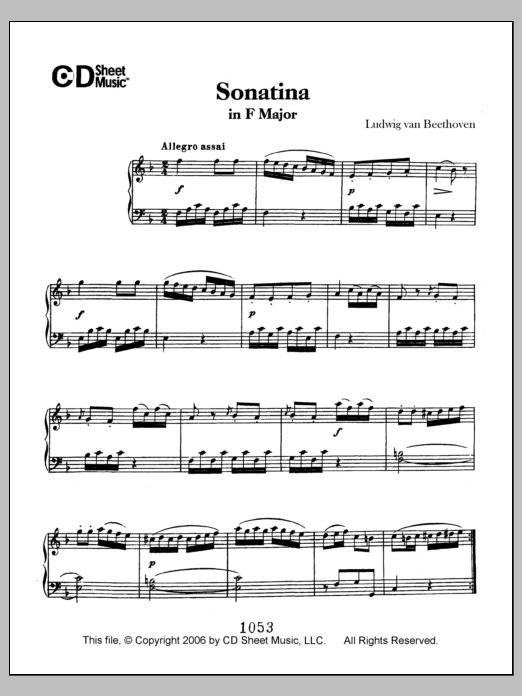 Learn to play Ludwig van Beethoven Sonatina In F Major sheet music for Piano Solo in minutes. Price: 6.9900$ Ludwig van Beethoven Sonatina In F Major sheet music notes and chords arranged for Piano Solo