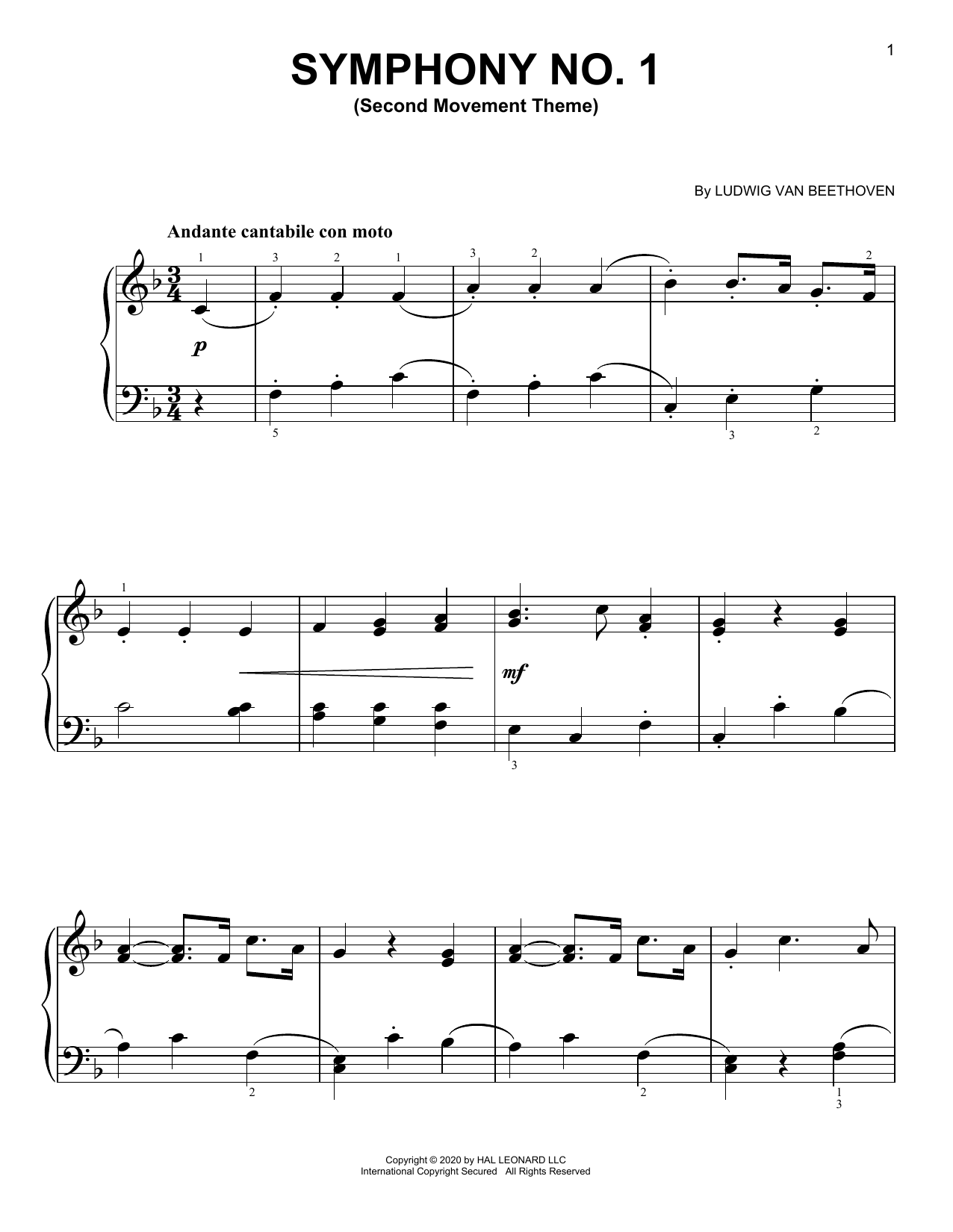 Learn to play Ludwig van Beethoven Symphony No. 1, Andante, Second Movement sheet music for Easy Piano in minutes. Price: 6.9900$ Ludwig van Beethoven Symphony No. 1, Andante, Second Movement sheet music notes and chords arranged for Easy Piano