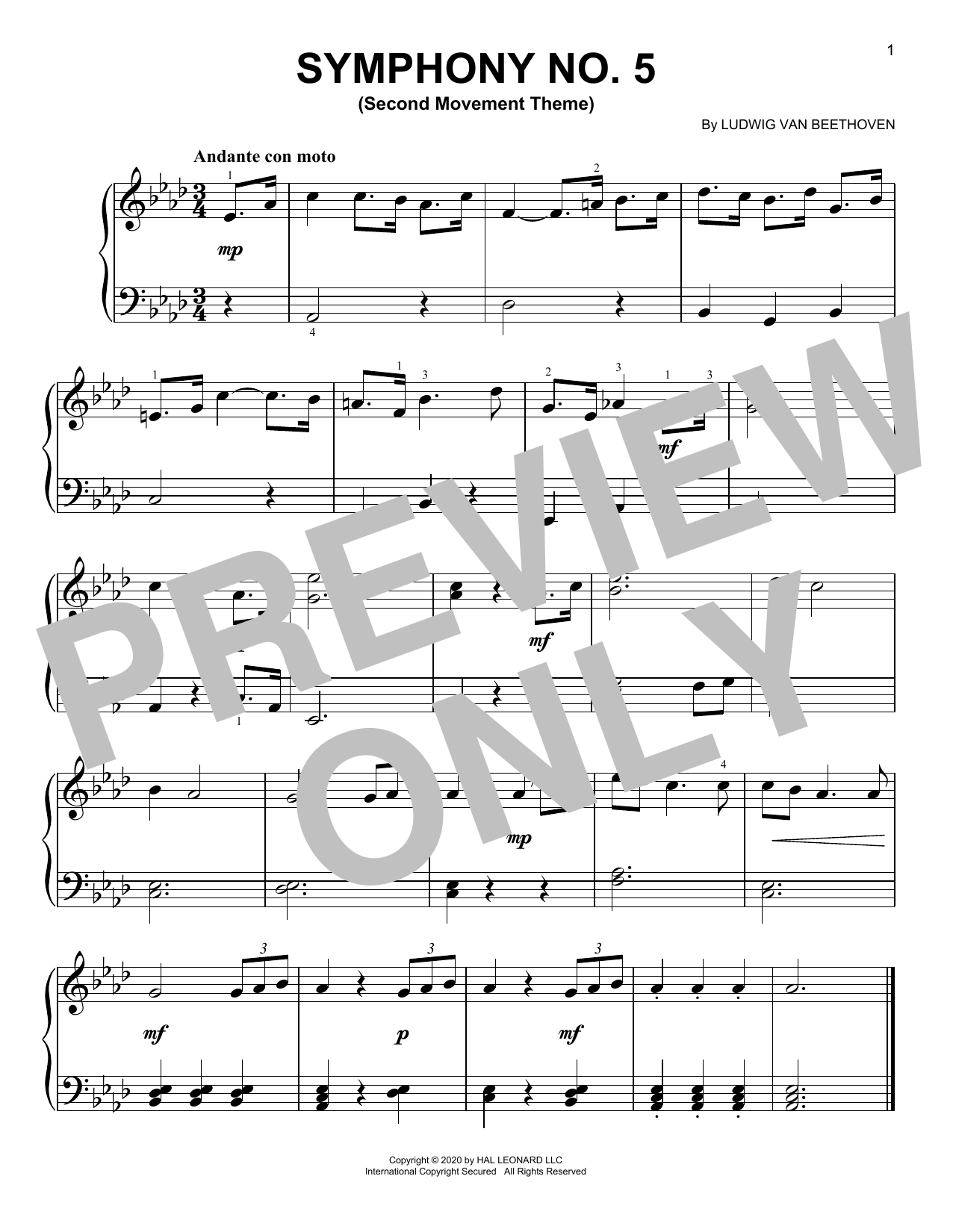 Learn to play Ludwig van Beethoven Symphony No. 5, Second Movement Excerpt sheet music for Easy Piano in minutes. Price: 6.9900$ Ludwig van Beethoven Symphony No. 5, Second Movement Excerpt sheet music notes and chords arranged for Easy Piano