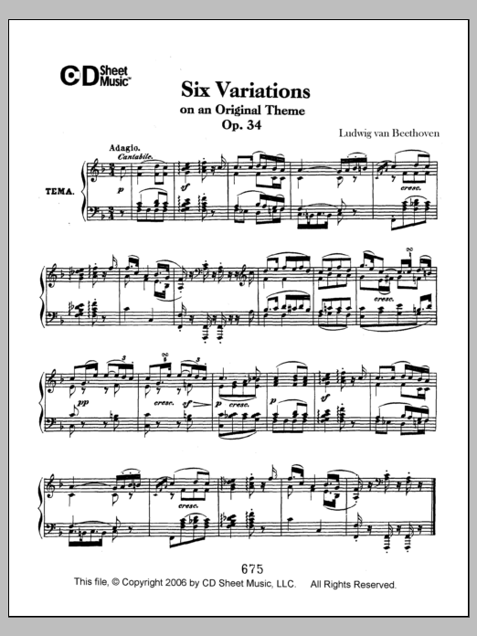 Learn to play Ludwig van Beethoven Variations (6) On An Original Theme, Op. 34 sheet music for Piano Solo in minutes. Price: 6.9900$ Ludwig van Beethoven Variations (6) On An Original Theme, Op. 34 sheet music notes and chords arranged for Piano Solo