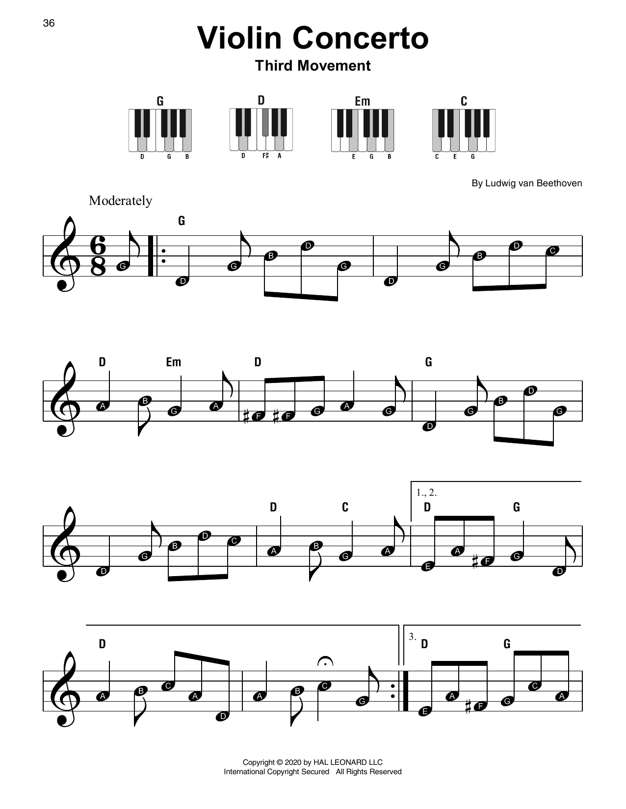 Ludwig van Beethoven Concerto In D Major, 61" Music PDF Notes, Chords | Classical Score Super Easy Piano Download Printable. 447783