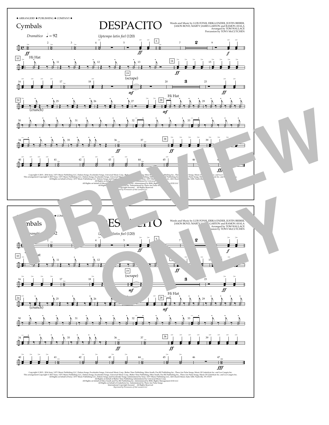 Learn to play Tom Wallace Despacito - Cymbals sheet music for Marching Band in minutes. Price: 7.8900$ Tom Wallace Despacito - Cymbals sheet music notes and chords arranged for Marching Band