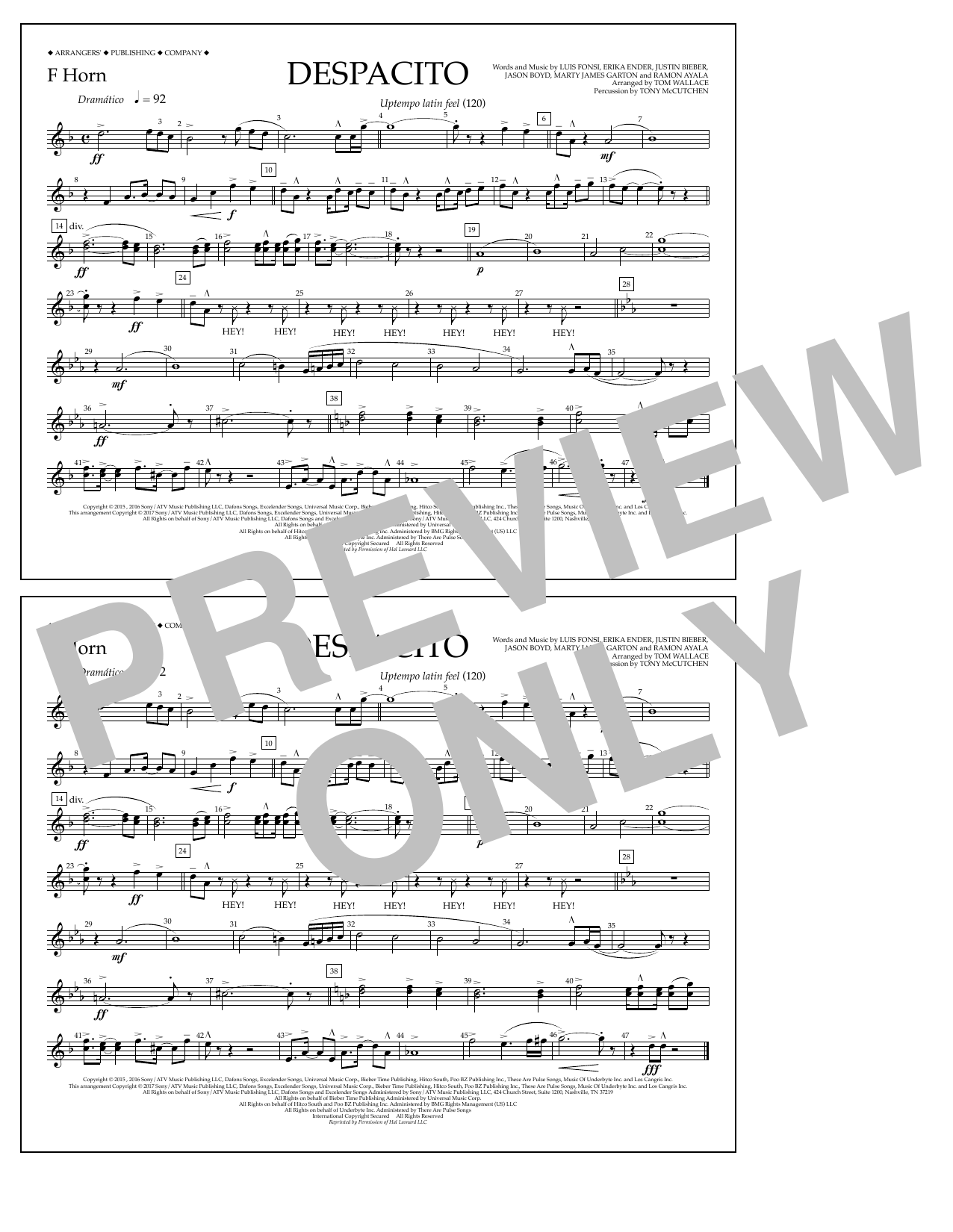 Learn to play Tom Wallace Despacito - F Horn sheet music for Marching Band in minutes. Price: 7.8900$ Tom Wallace Despacito - F Horn sheet music notes and chords arranged for Marching Band