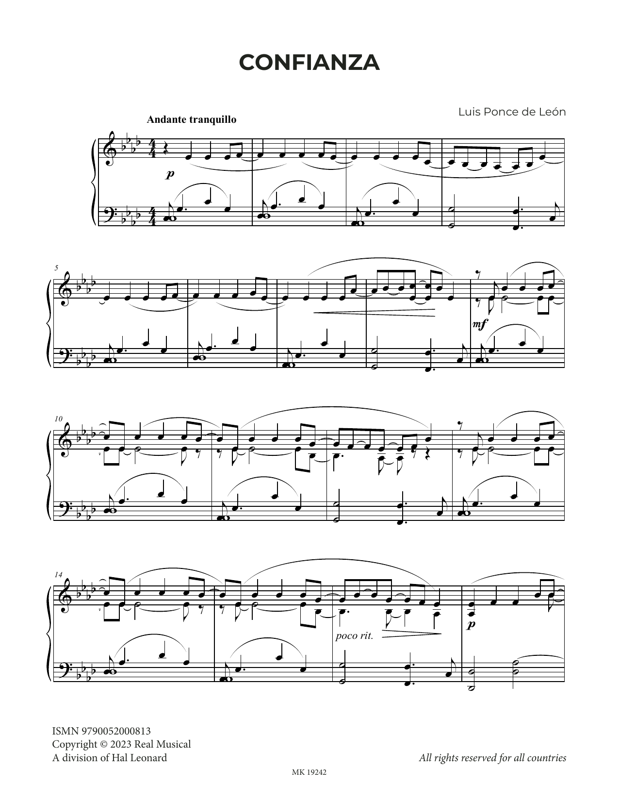 Luis Ponce de León Confianza sheet music notes and chords. Download Printable PDF.