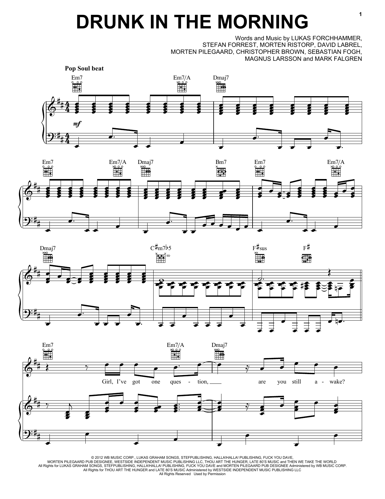 Lukas Graham Drunk In The Morning sheet music notes and chords. Download Printable PDF.