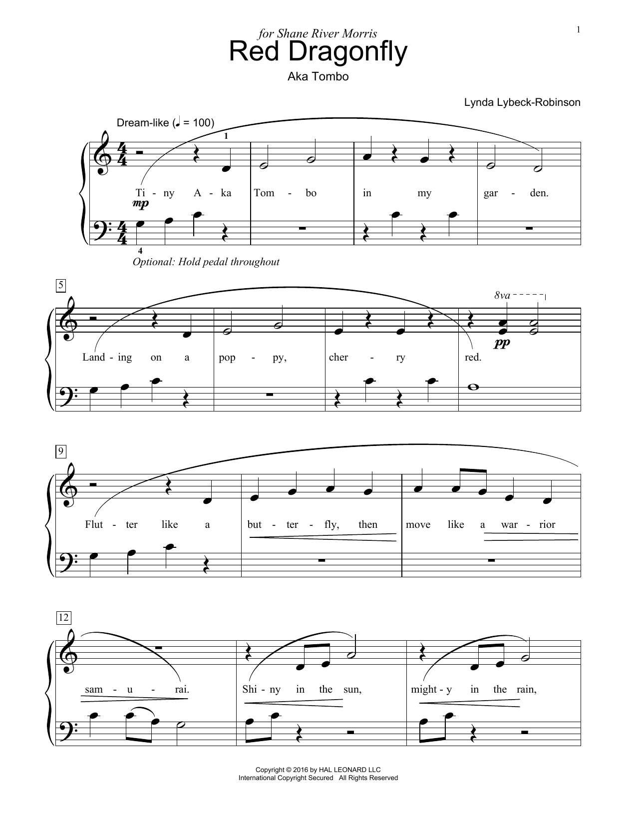 Lynda Lybeck-Robinson Red Dragonfly sheet music notes and chords. Download Printable PDF.