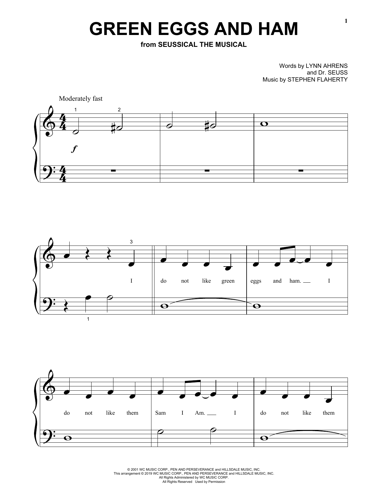 Learn to play Lynn Ahrens, Dr. Seuss and Stephen Flaherty Green Eggs And Ham (from Seussical The Musical) sheet music for Beginning Piano Solo in minutes. Price: 6.9900$ Lynn Ahrens, Dr. Seuss and Stephen Flaherty Green Eggs And Ham (from Seussical The Musical) sheet music notes and chords arranged for Beginning Piano Solo