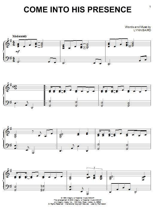 Learn to play Lynn Baird Come Into His Presence sheet music for Easy Piano in minutes. Price: 6.9900$ Lynn Baird Come Into His Presence sheet music notes and chords. Download Printable PDF.