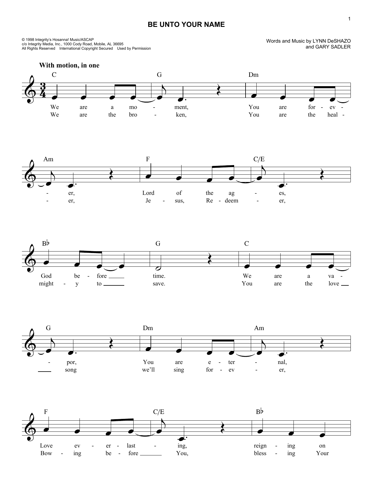 Lynn DeShazo Be Unto Your Name sheet music notes and chords. Download Printable PDF.