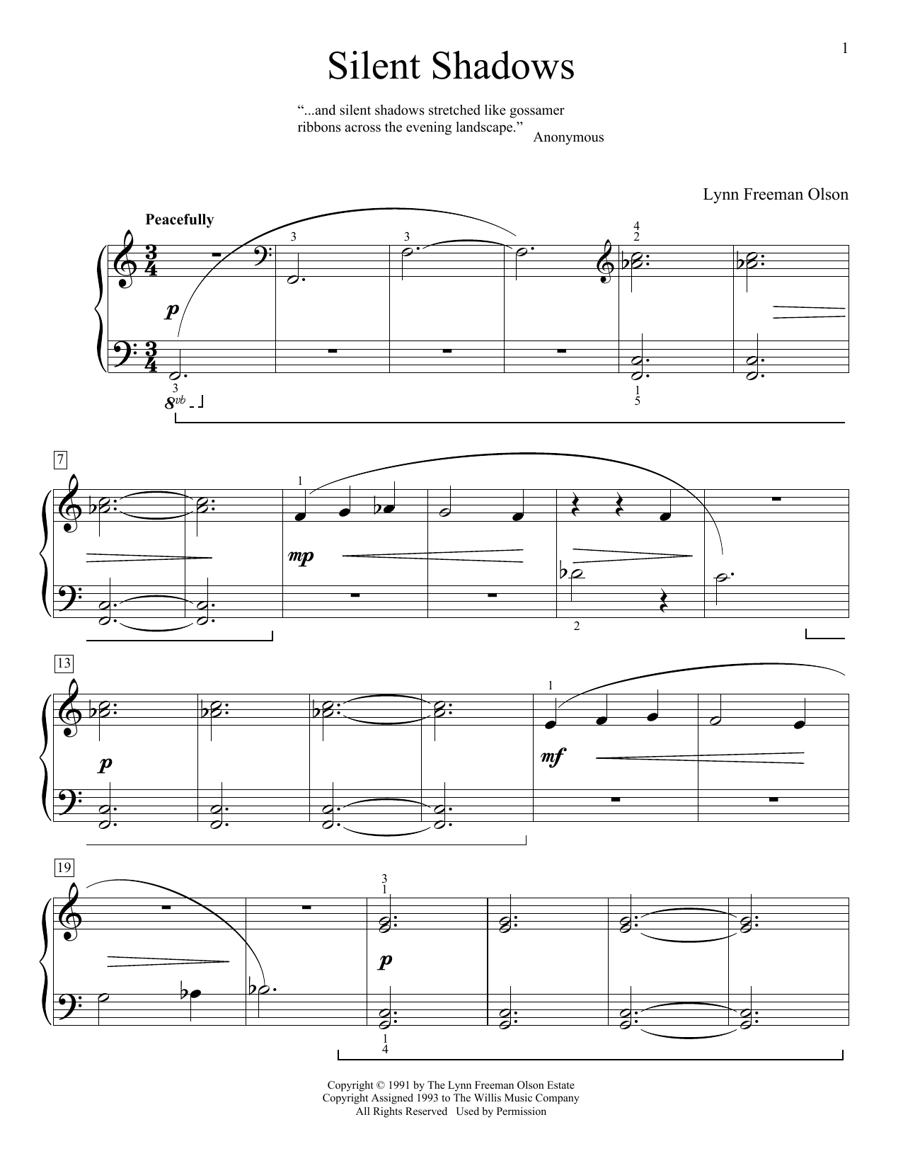 Lynn Freeman Olson Silent Shadows sheet music notes and chords. Download Printable PDF.