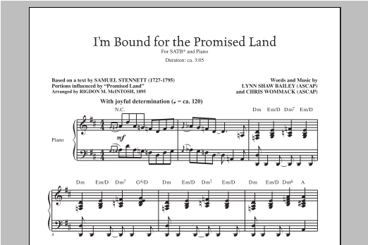 Learn to play Lynn Shaw Bailey I'm Bound For The Promised Land sheet music for SATB Choir in minutes. Price: 3.9900$ Lynn Shaw Bailey I'm Bound For The Promised Land sheet music notes and chords arranged for SATB Choir