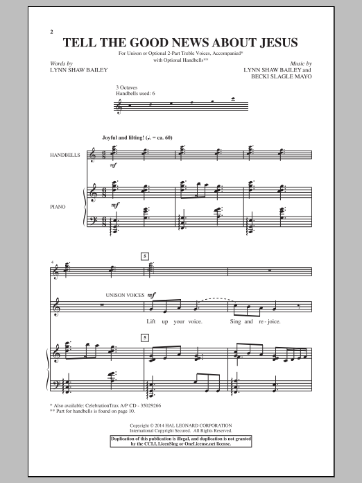 Learn to play Lynn Shaw Bailey Tell The Good News About Jesus sheet music for 2-Part Choir in minutes. Price: 3.9900$ Lynn Shaw Bailey Tell The Good News About Jesus sheet music notes and chords arranged for 2-Part Choir