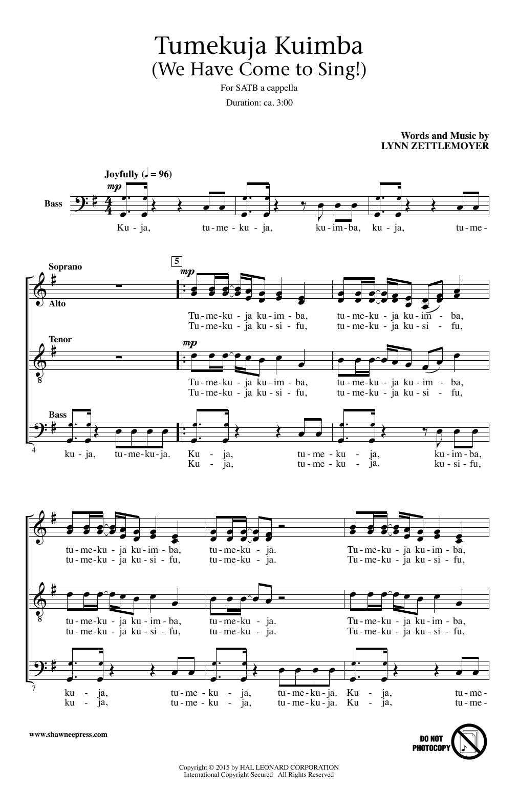 Learn to play Lynn Zettlemoyer Tumekuja Kuimba (We Have Come To Sing!) sheet music for 2-Part Choir in minutes. Price: 3.9900$ Lynn Zettlemoyer Tumekuja Kuimba (We Have Come To Sing!) sheet music notes and chords arranged for 2-Part Choir