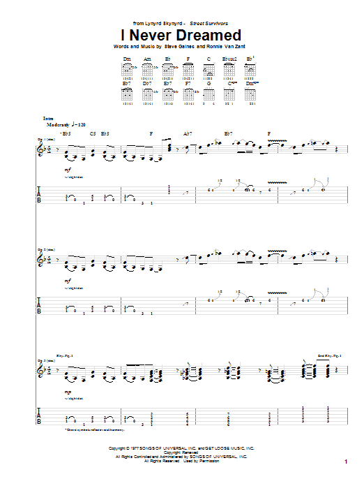 Lynyrd Skynyrd I Never Dreamed sheet music notes and chords. Download Printable PDF.