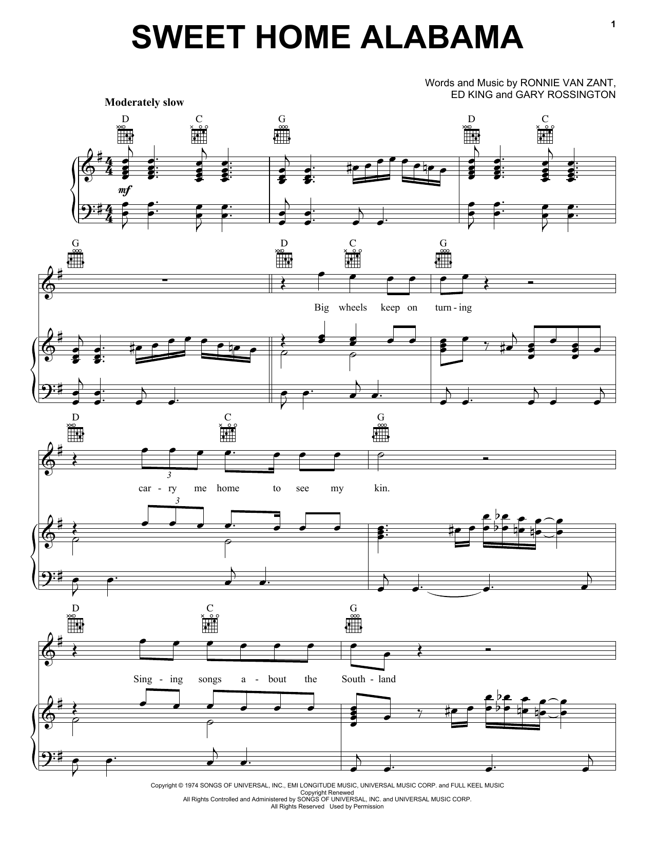 Lynyrd Skynyrd Sweet Home Alabama sheet music notes and chords. Download Printable PDF.