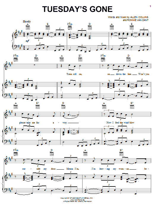 Lynyrd Skynyrd Tuesday S Gone Sheet Music Pdf Notes Chords Rock Score Bass Guitar Tab Download Printable Sku 165351