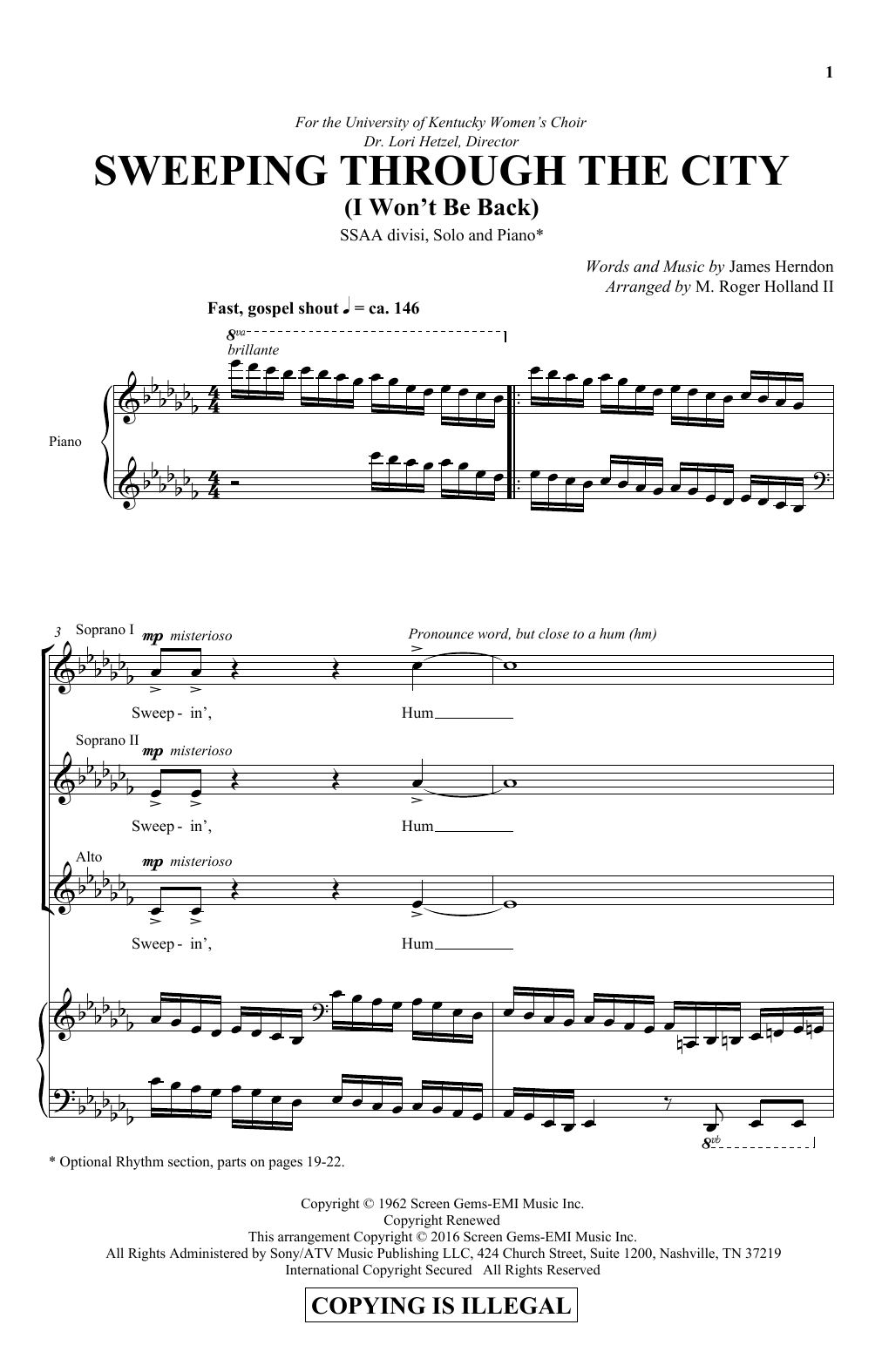 Learn to play M. Roger Holland Sweeping Through The City (I Won't Be Back) sheet music for SSA Choir in minutes. Price: 3.9900$ M. Roger Holland Sweeping Through The City (I Won't Be Back) sheet music notes and chords arranged for SSA Choir
