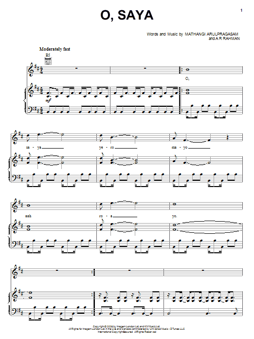 M.I.A. O, Saya sheet music notes and chords. Download Printable PDF.