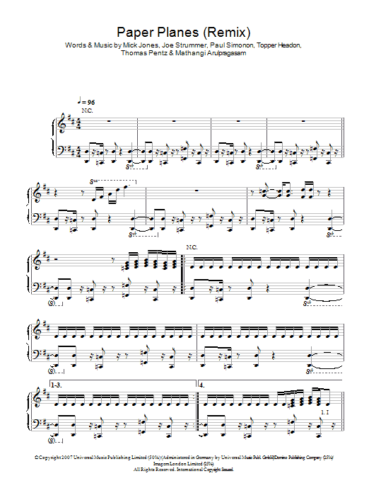 M.I.A. Paper Planes Remix (from Slumdog Millionaire) sheet music notes and chords arranged for Piano, Vocal & Guitar Chords