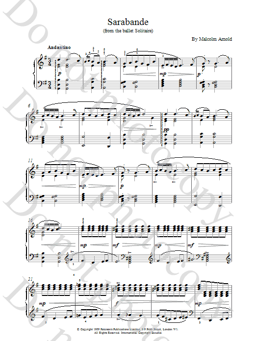 Malcolm Arnold Sarabande from Solitaire sheet music for Piano Solo in minutes. Price: 7.8900$ Malcolm Arnold Sarabande from Solitaire sheet music notes and chords. Download Printable PDF.