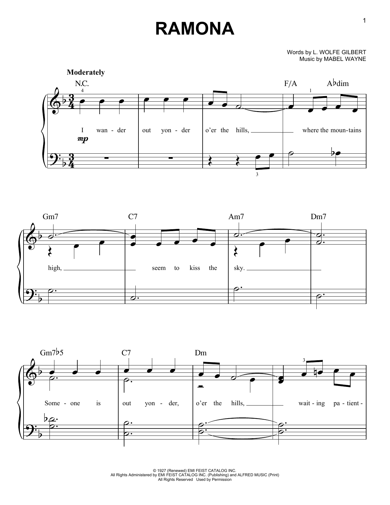 Learn to play Mabel Wayne Ramona sheet music for Easy Piano in minutes. Mabel Wayne Ramona sheet music notes and chords. Download Printable PDF.