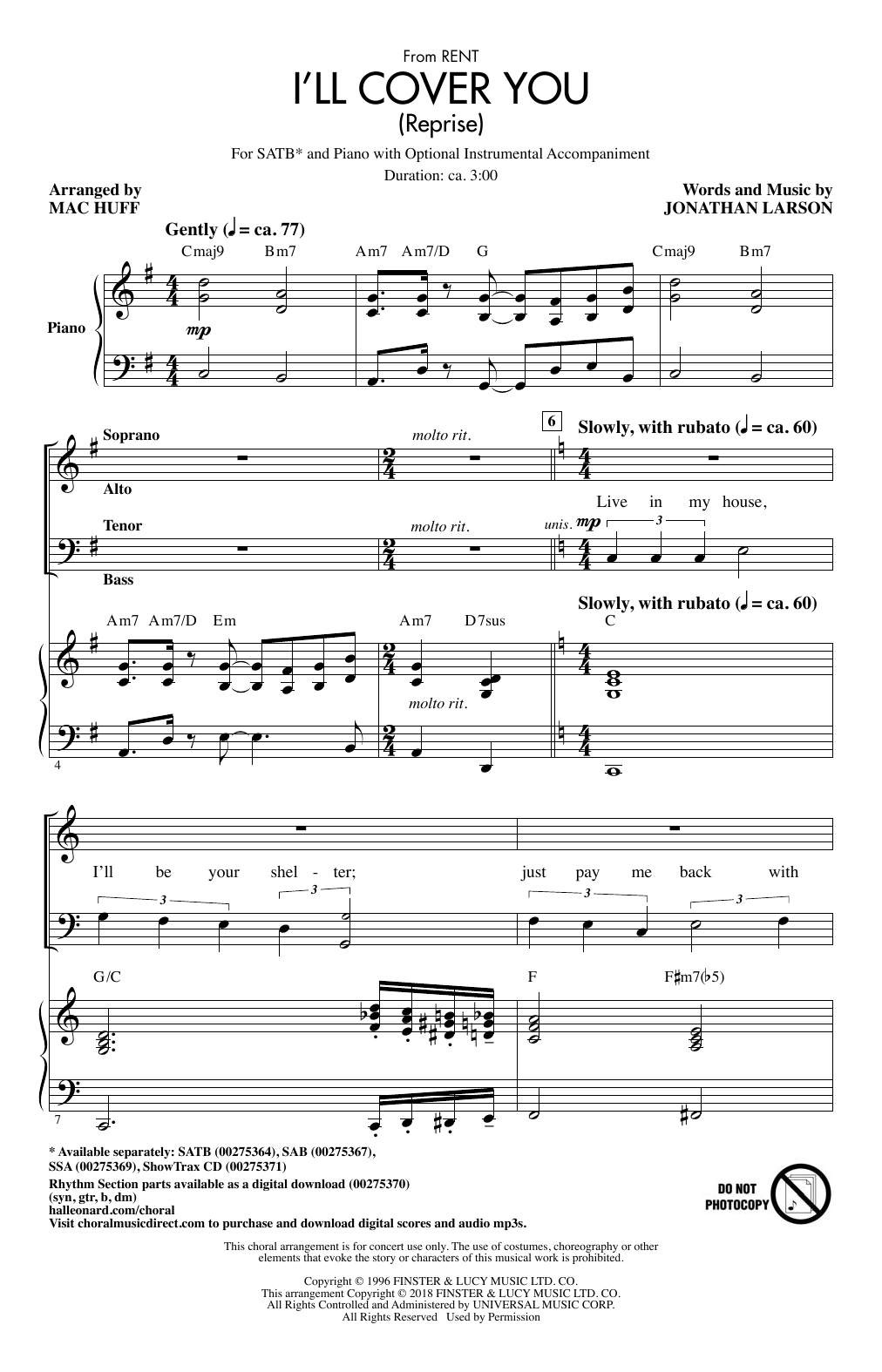 Mac Huff I'll Cover You (Reprise) sheet music notes and chords. Download Printable PDF.