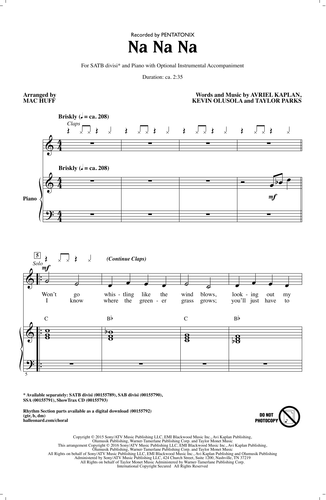 Pentatonix Na Na Na (arr. Mac Huff) sheet music notes and chords. Download Printable PDF.