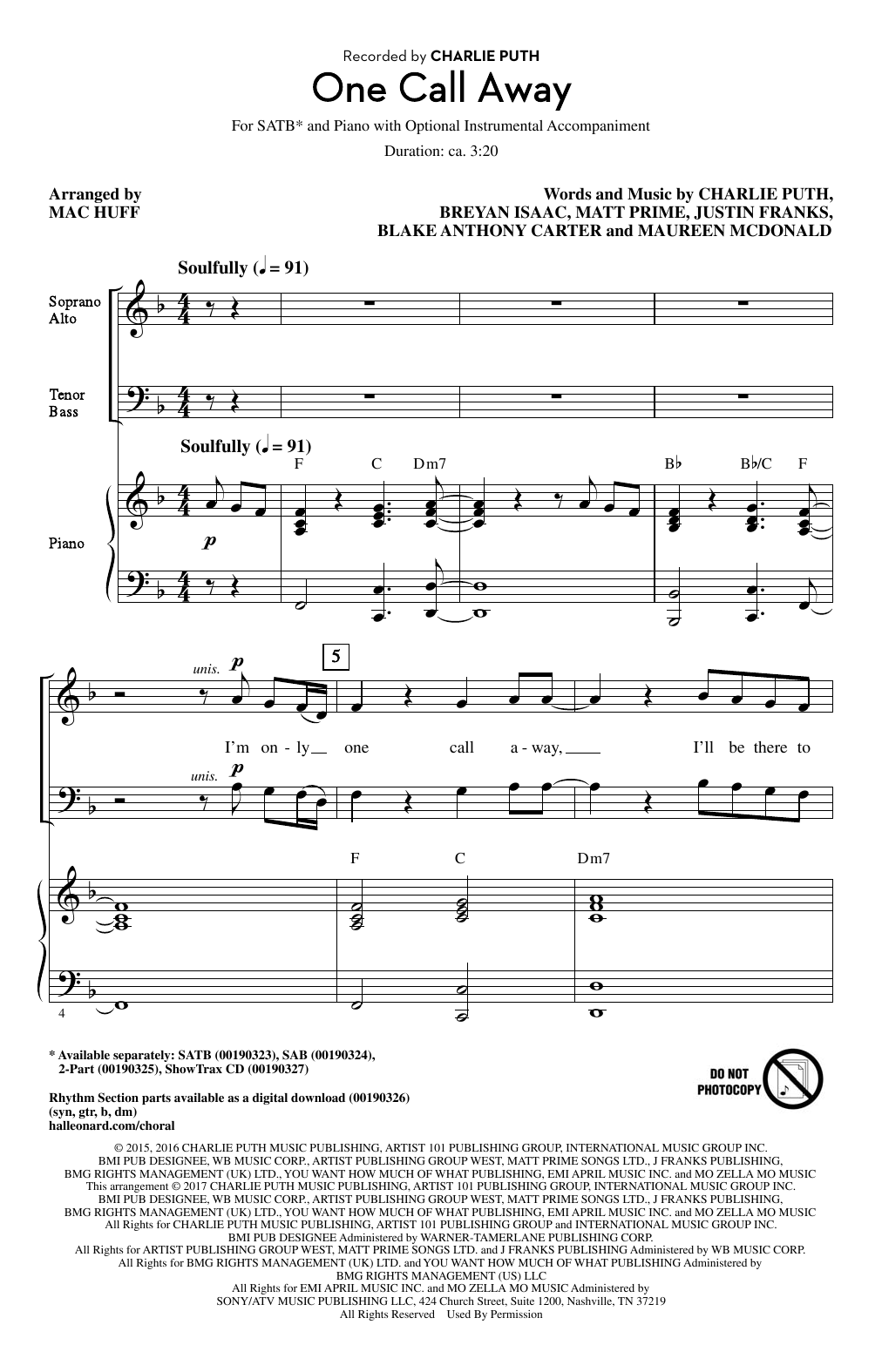 Mac Huff One Call Away sheet music notes and chords. Download Printable PDF.