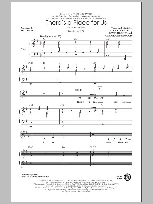 Learn to play Carrie Underwood There's A Place For Us (arr. Mac Huff) sheet music for SAB Choir in minutes. Price: 3.9900$ Carrie Underwood There's A Place For Us (arr. Mac Huff) sheet music notes and chords arranged for SAB Choir