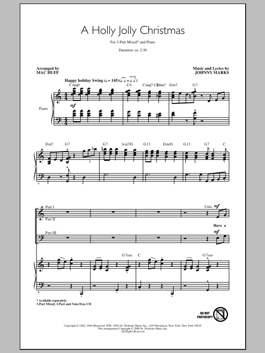 Learn to play Mac Huff A Holly Jolly Christmas sheet music for 3-Part Mixed Choir in minutes. Mac Huff A Holly Jolly Christmas sheet music notes and chords