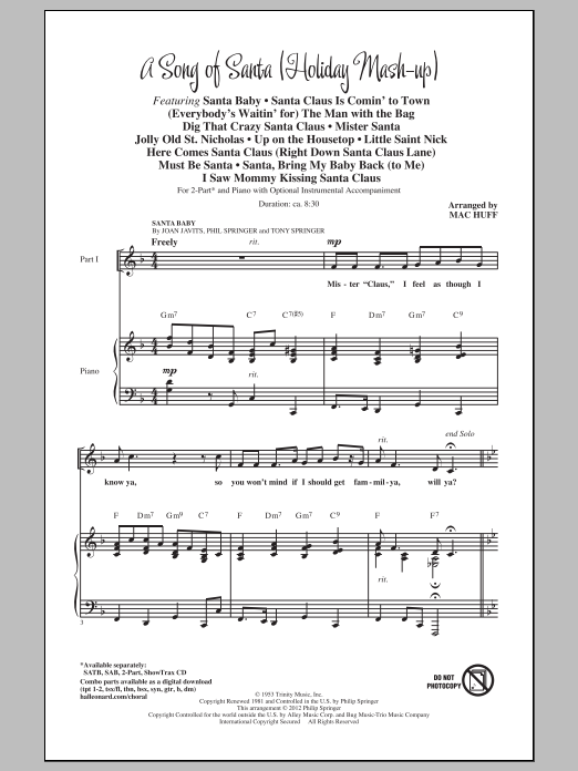 Learn to play Mac Huff A Song Of Santa (Medley) sheet music for 2-Part Choir in minutes. Price: 3.9900$ Mac Huff A Song Of Santa (Medley) sheet music notes and chords arranged for 2-Part Choir
