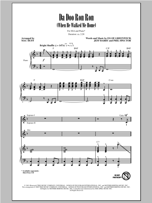 Learn to play Mac Huff Da Doo Ron Ron (When He Walked Me Home) sheet music for SSA Choir in minutes. Price: 3.9900$ Mac Huff Da Doo Ron Ron (When He Walked Me Home) sheet music notes and chords arranged for SSA Choir