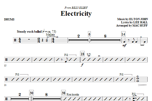 Learn to play Mac Huff Electricity (from Billy Elliot) - Drums sheet music for Choir Instrumental Pak in minutes. Price: 8.9900$ Mac Huff Electricity (from Billy Elliot) - Drums sheet music notes and chords arranged for Choir Instrumental Pak