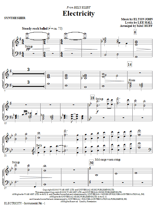 Learn to play Mac Huff Electricity (from Billy Elliot) - Synthesizer sheet music for Choir Instrumental Pak in minutes. Price: 8.9900$ Mac Huff Electricity (from Billy Elliot) - Synthesizer sheet music notes and chords arranged for Choir Instrumental Pak