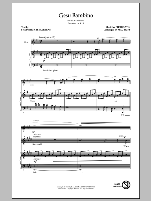 Learn to play Pietro Yon Gesù Bambino (The Infant Jesus) (arr. Mac Huff) sheet music for SSA Choir in minutes. Price: 3.9900$ Pietro Yon Gesù Bambino (The Infant Jesus) (arr. Mac Huff) sheet music notes and chords arranged for SSA Choir