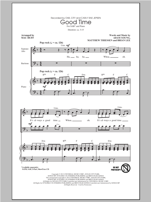 Owl City Good Time (arr. Mac Huff) (feat. Carly Rae Jepsen) sheet music notes and chords. Download Printable PDF.