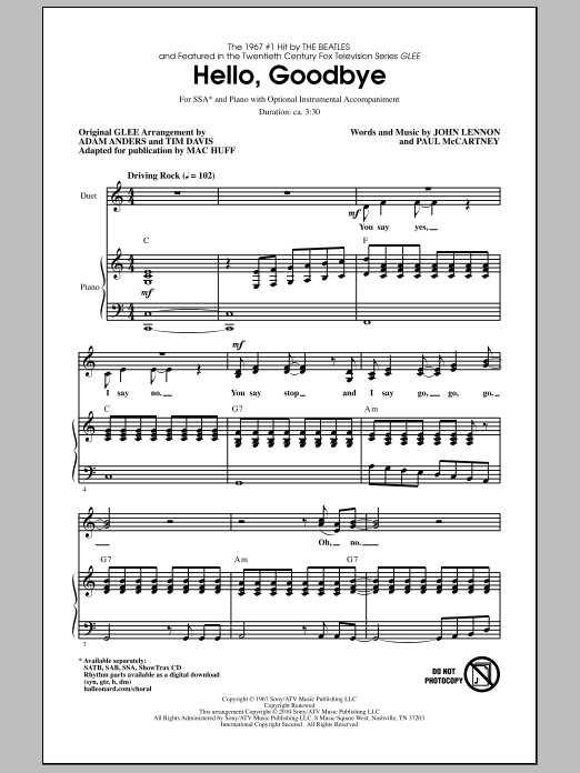 Mac Huff Hello Goodbye Sheet Music Pdf Notes Chords Oldies Score Sab Choir Download Printable Sku