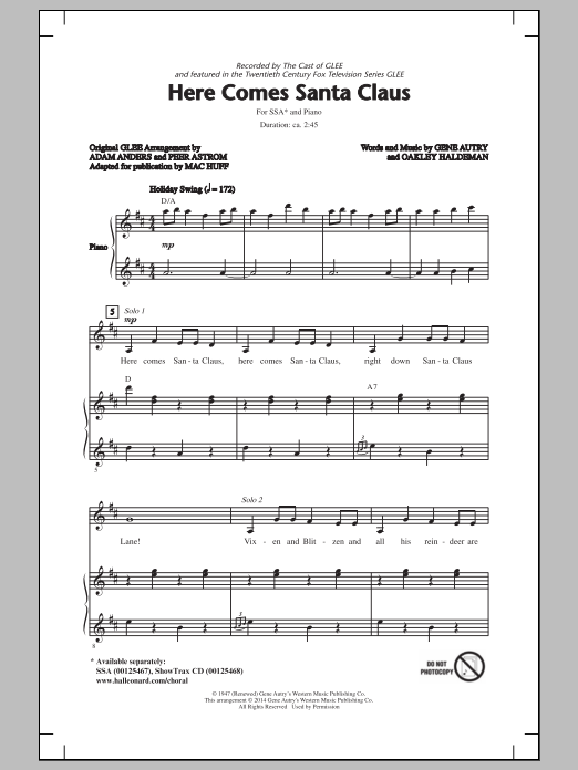 Learn to play Glee Cast Here Comes Santa Claus (Right Down Santa Claus Lane) (arr. Mac Huff) sheet music for SSA Choir in minutes. Glee Cast Here Comes Santa Claus (Right Down Santa Claus Lane) (arr. Mac Huff) sheet music notes and chords. Download Printable PDF.