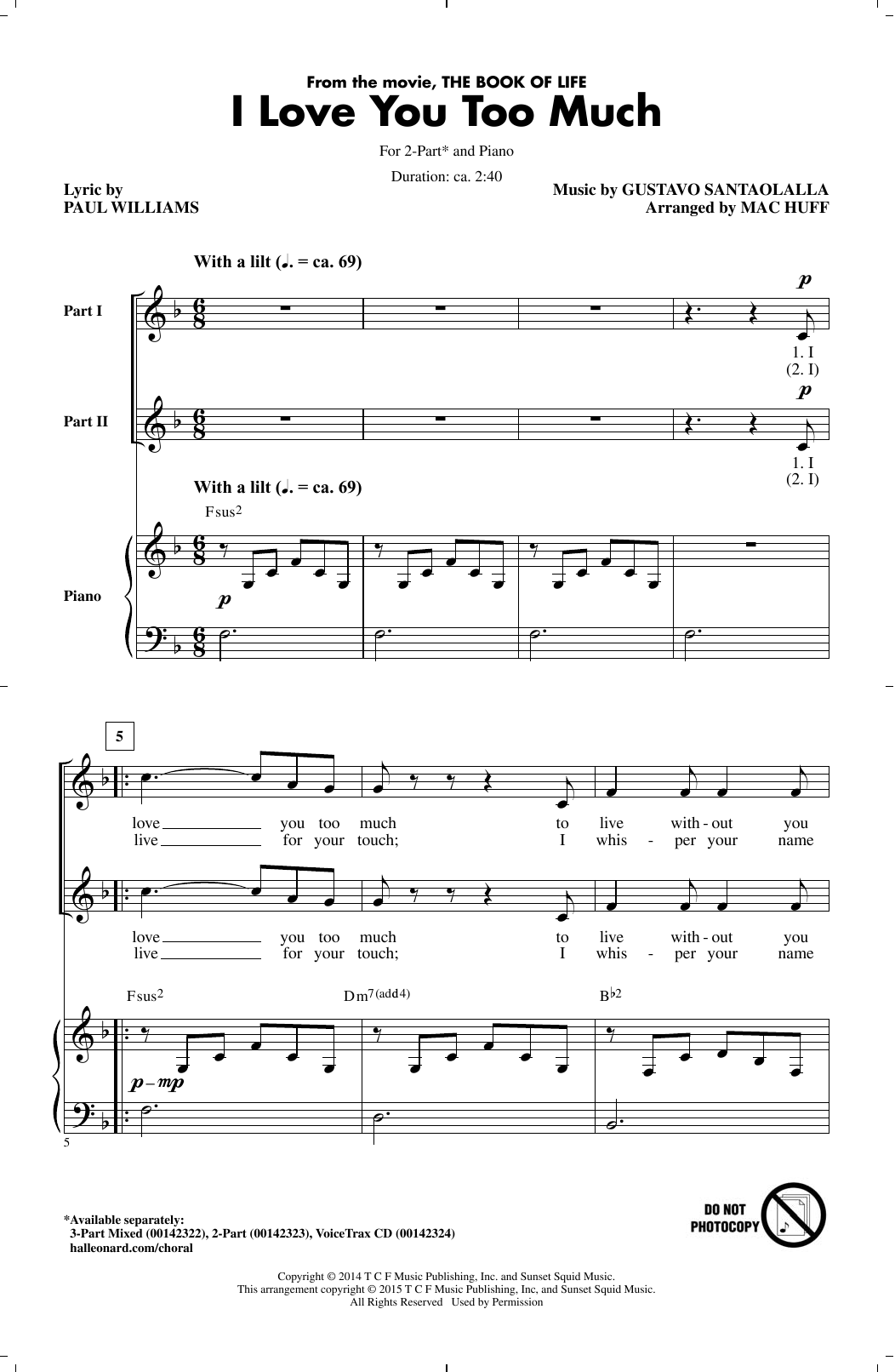 Learn to play Diego Luna I Love You Too Much (arr. Mac Huff) sheet music for 3-Part Mixed Choir in minutes. Price: 3.9900$ Diego Luna I Love You Too Much (arr. Mac Huff) sheet music notes and chords arranged for 3-Part Mixed Choir