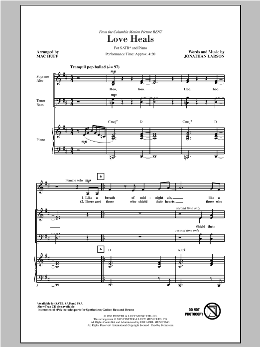 Jonathan Larson Love Heals (arr. Mac Huff) sheet music notes and chords. Download Printable PDF.