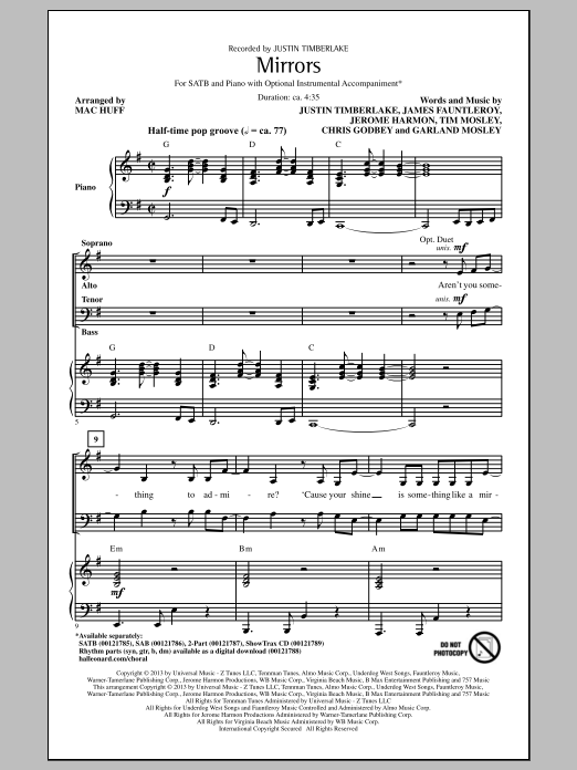 Justin Timberlake Mirrors (arr. Mac Huff) sheet music notes and chords. Download Printable PDF.