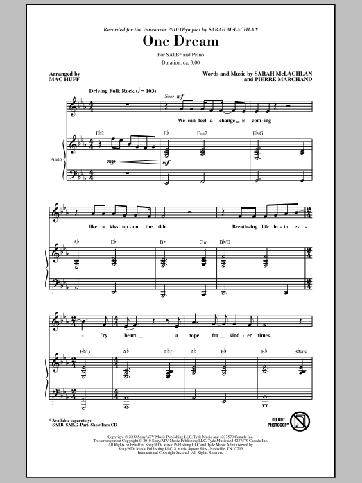 Mac Huff One Dream sheet music notes and chords. Download Printable PDF.