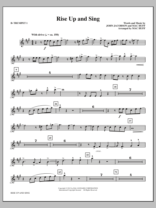 Learn to play Mac Huff Rise Up And Sing - Bb Trumpet 1 sheet music for Choir Instrumental Pak in minutes. Price: 8.9900$ Mac Huff Rise Up And Sing - Bb Trumpet 1 sheet music notes and chords arranged for Choir Instrumental Pak