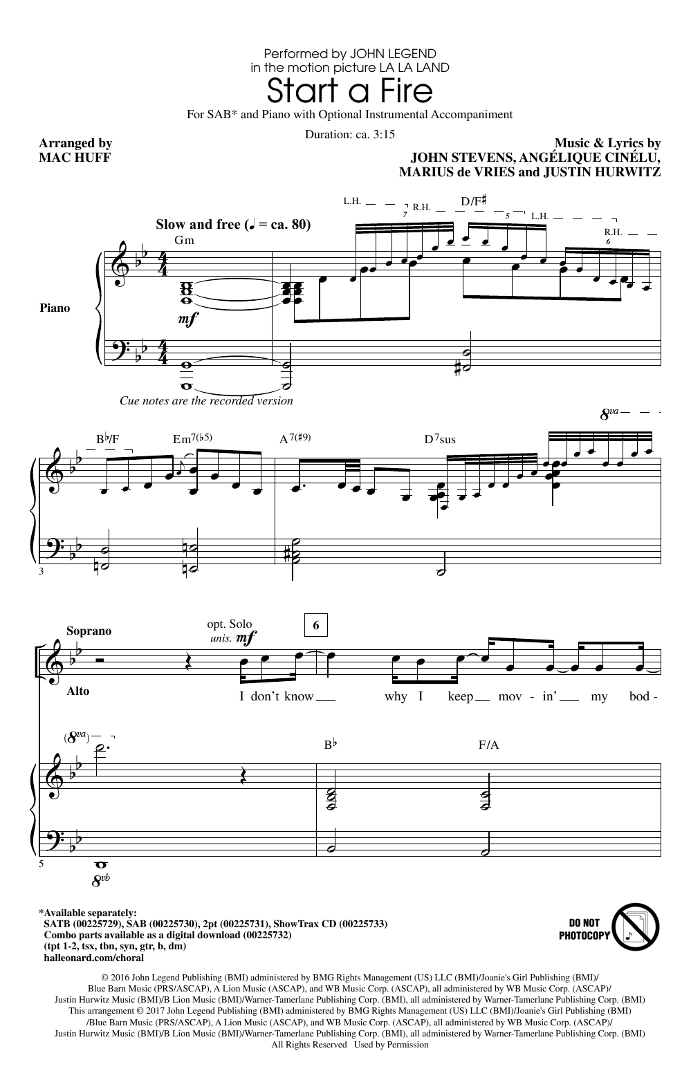 John Legend Start A Fire (from La La Land) (arr. Mac Huff) sheet music notes and chords. Download Printable PDF.